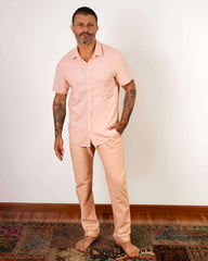 Camisa de Linho Manga Curta Rosa com Bolsos - Blend Premium