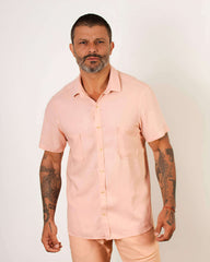 Camisa de Linho Manga Curta Rosa com Bolsos - Blend Premium