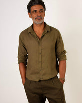 Camisa de Linho Manga Longa Verde Oliva - Blend Premium