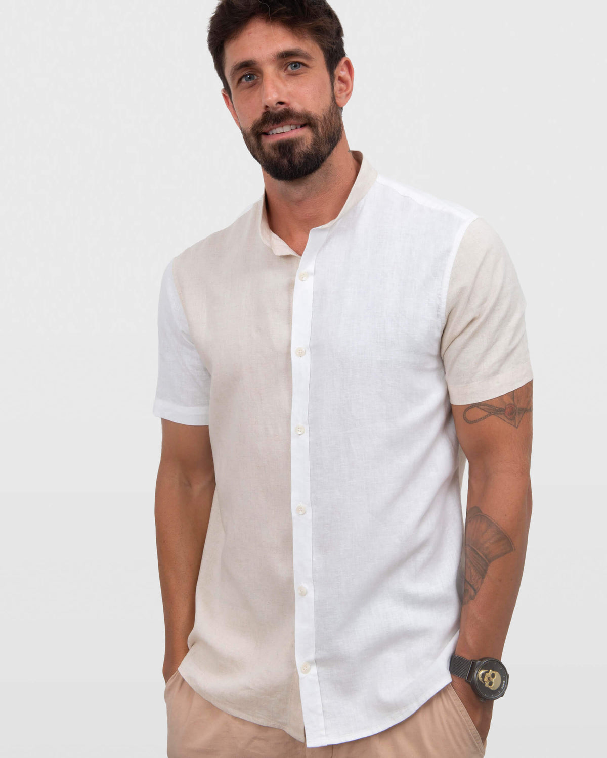 Camisa em Cambraia de Linho Bloco de Cores